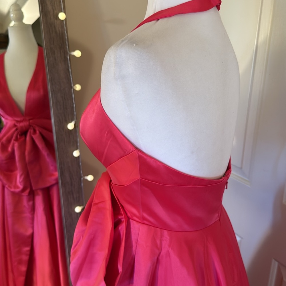 Mac Duggal Hot Pink Satin Plunge-Neck Maxi Gown with Bow - Picture 8 of 12